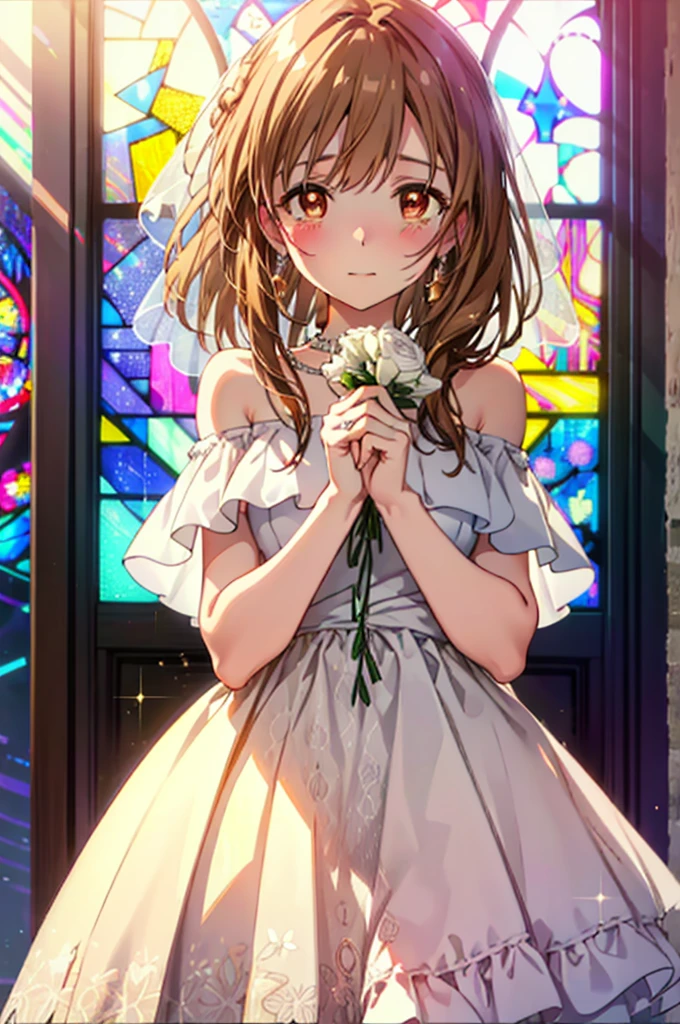 a sun ayuuki, a sun a yuuki, Long Hair, Brown Hair, (Brown eyes:1.8),smile,blush,Off-the-shoulder wedding dresses,necklace,wedding long skirt,Holding a bouquet in both hands,Clear skies,Tears stream down her face,Tears of joy,I cry a lot,Flower storm,whole bodyがイラストに入るように,background(Stained glass)
break indoors, Chapel,教会
break looking at viewer, whole body,(Cowboy Shot:1.5),
break (masterpiece:1.2), Highest quality, High resolution, unity 8k wallpaper, (figure:0.8), (Beautiful attention to detail:1.6), Highly detailed face, Perfect lighting, Highly detailed CG, (Perfect hands, Perfect Anatomy),