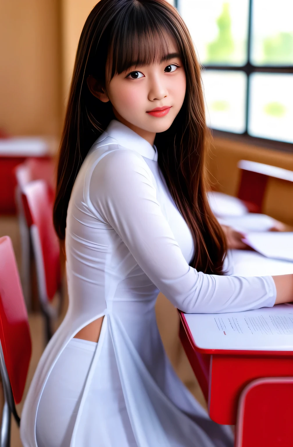 Raw photo , 1 girl  ,Wearing white traditional uniform  ((teen school girl studying in the classroom)) , professional photographer, (hdr:1.4), masterpiece, ultra-realistic 8k, perfect artwork, intrincate details, cute face, award winning photograph, (Best quality, 8k, 32k, Masterpiece, UHD:1.3) ,