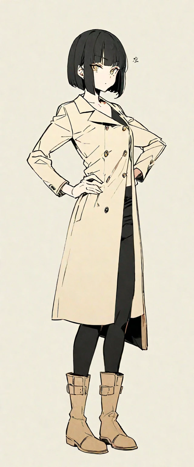 high quality, Full HD, female, fun, sleepy, Are standing, Hands on hips, View your viewers, Front view, Bobcut, Black Hair, Only the tips of the hair are pink, Golden Eyes, Fair skin, expensive, Slim figure, Black Tank Top, Long coat, Black pants, boots, 30 years old, Beige solid background, Flat background, anime, Soft Edge, Full Body Shot, Neutral Color, Flat Color