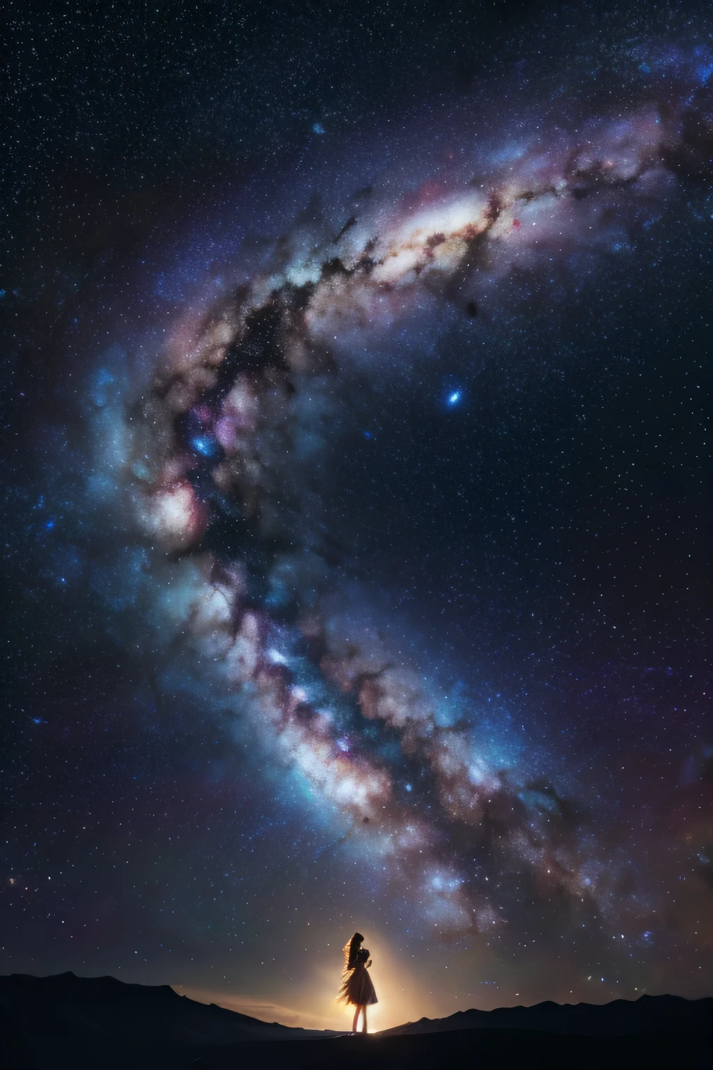 High Detail, Super Detail, Ultra-high resolution, Girl enjoying time in fantasy galaxy, Surrounded by stars, The warm light shines on her, Background is starry sky,There are colorful galaxies and galaxy clouds, Stars flew around her, Delicate face, Add a fun atmosphere ,