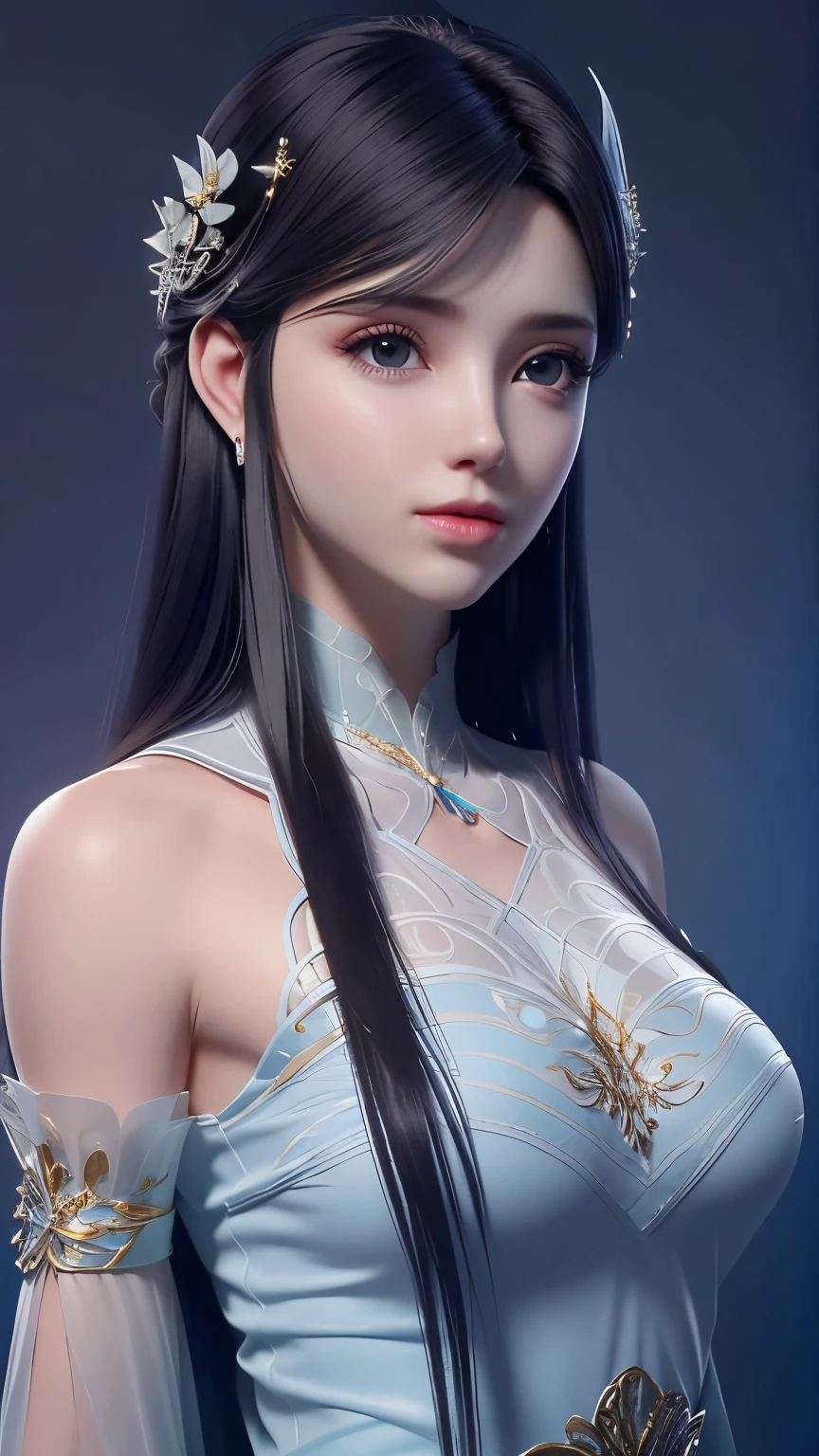1 Beautiful girl in ancient costume, ((Blue and light white clothing: 0.8)), Long, silky black hair, Hair accessories and necklaces, Pretty face with thin eyebrows, most beautiful、The cleanest face, Very beautiful eyes, Big, round, black eyes, Delicate eyelash makeup, high nose, Wearing earrings,Little Red Lips, ruddy face, Enlarged and rounded breasts, Breast tightness, Breast Augmentation, Slim body, Slim waist, Portrait of a beautiful girl, 8K photo, super High target quality, Surreal, 10x super pixels, photo般逼真, Dark Studio, Border light, Two-tone light, (Delicate skin) High target: 1.2), 8K uhd, Digital SLR Camera, Soft Light, High target quality, Volumetric Light, frank, photo, High target resolution, 4k picture quality, 8K, Bokeh, Smooth and sharp, 10 times more pixels, (Background Space: 1.8), (galaxy: 1.7), aurora, lightning, (aurora背景: 1.8), Upper Body, Solitary, Solitary,