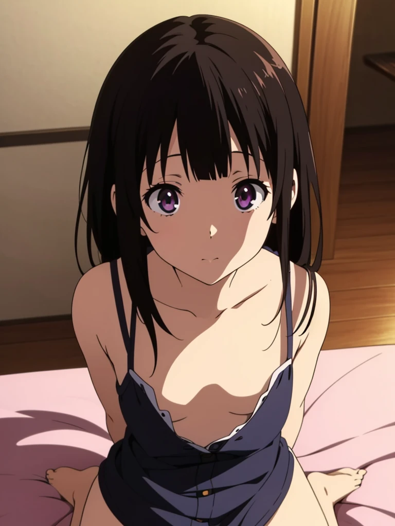 ((masterpiece)), ((Best Quality)), (Ultra-detailed), Anime style, Cute , 1girl in, Solo, 8k, sitting on the bed , no pant,no bra , young girl , flat chest, bare shoulders, black hair,
Kyoto animation quality,Kyoto animation detail, 