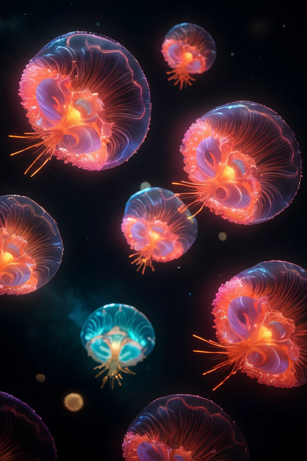 In this exquisite, highly detailed close-up image, we find a group of joyous black babies, delightfully dressed in neon-lit clothing that vibrantly contrasts against their radiant skin. They are gracefully perched atop a swarm of floating, colossal neon-lit jellyfish, drifting peacefully in a mesmerizing outer space landscape. The surroundings are breathtakingly beautiful, with vibrant neon-lit coral reefs stretching out, their structures shimmering and sparkling under the soft, piercing light that filters through the cosmos. The water ripples around the babies and jellyfish add a dynamic element to the scene, creating a sense