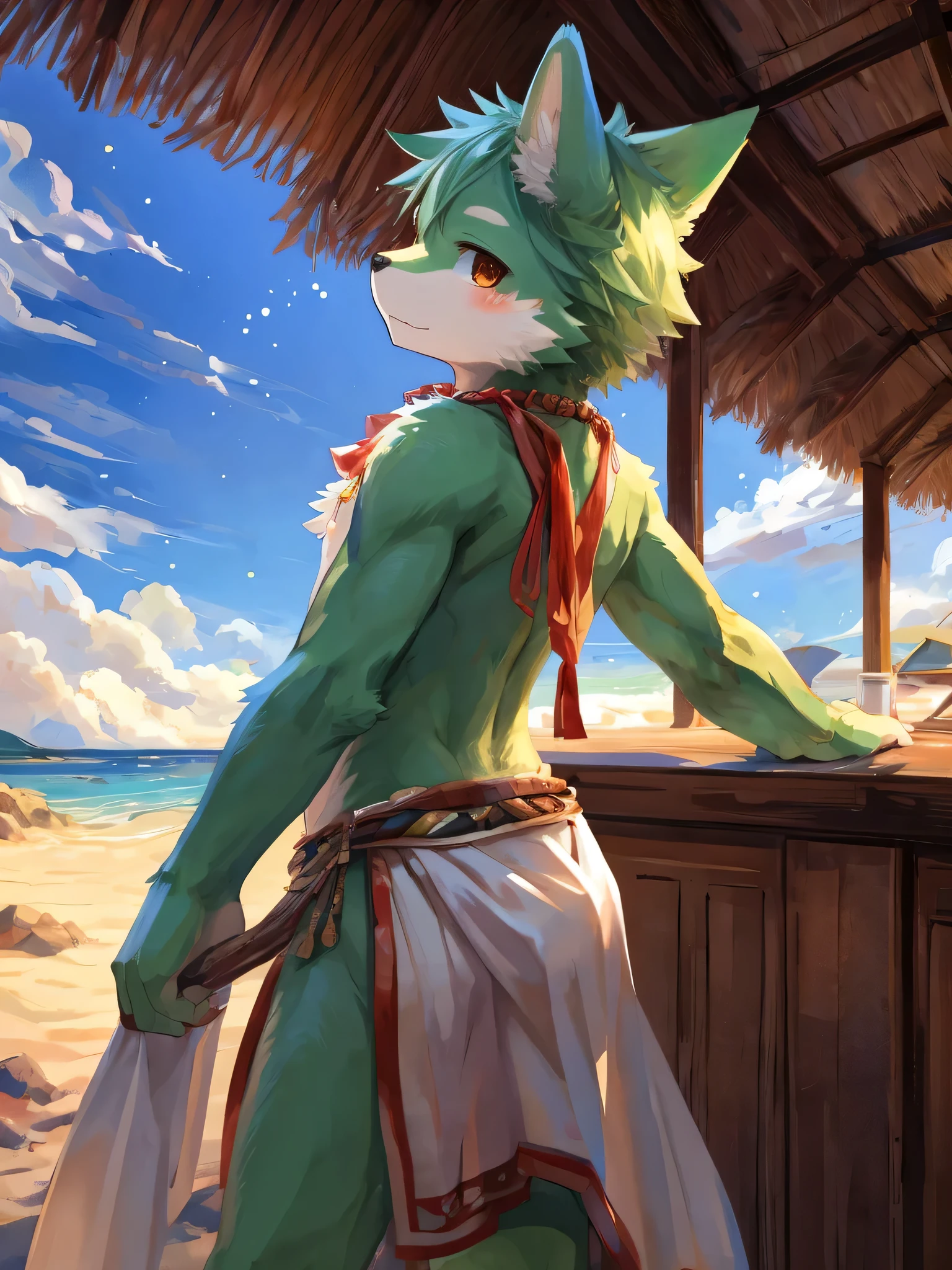 Lonly face,masterpiece, high quality, hi res, digital painting \(artwork\), by kuroisumi, yupa,kiyosan. soft lighting, solo, (anthro male wolf), (Green body), sunshine, beach, loincloth, sea, cloud, dark, bright, sand, from side, necklace. impasto, panorama,portrait,135mm,looking at viewer,character focus. detailed background,amazing background,outdoors,scenery,light particles, kemono, (cute), ass