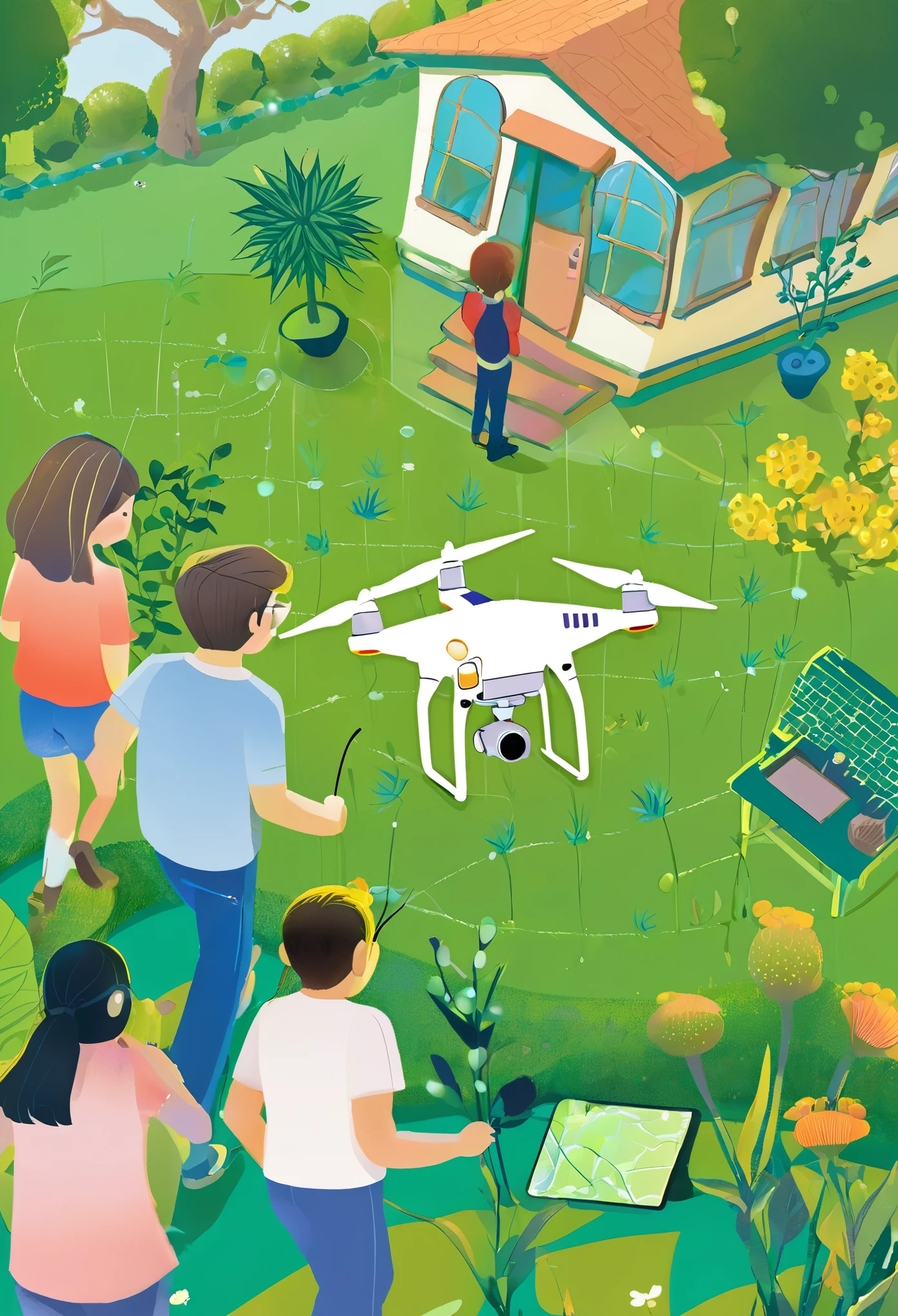 Boys,girl,Drones,Digital Mapping,Cartoon,green,plant,garden