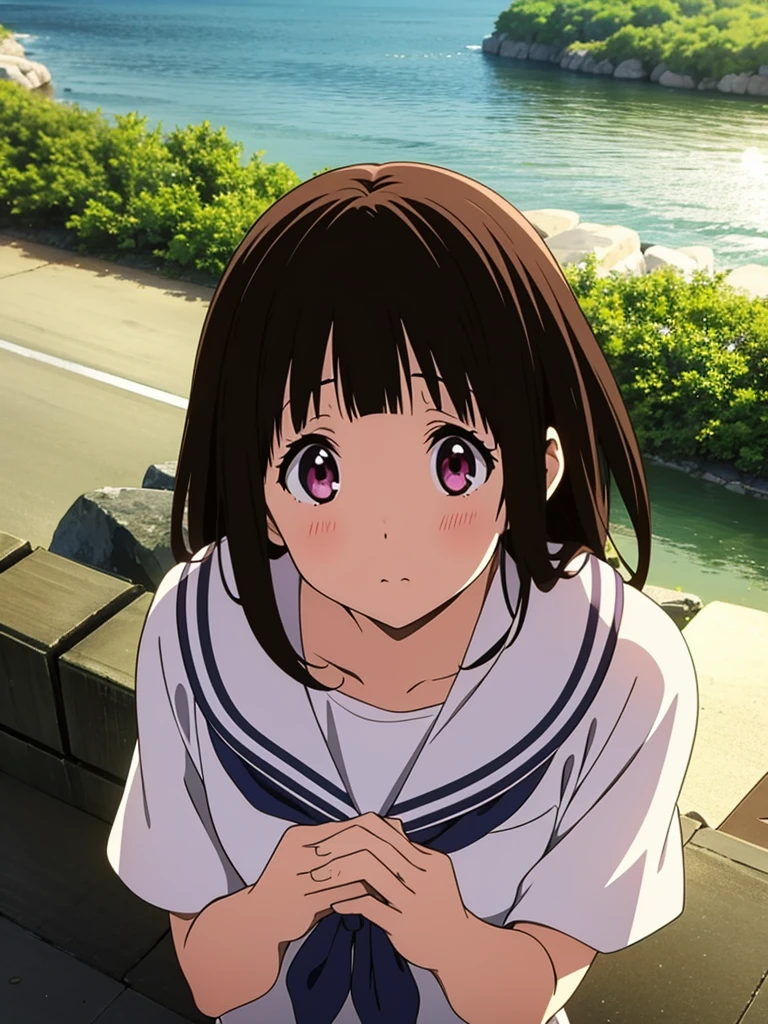 masterpiece,1girl,,blush,sunshine, river,from above,openstance,(ganbaruzoi) clenched hands, upper body, looking at viewer chitanda eru,
Kyoto animation quality,Kyoto animation detail,