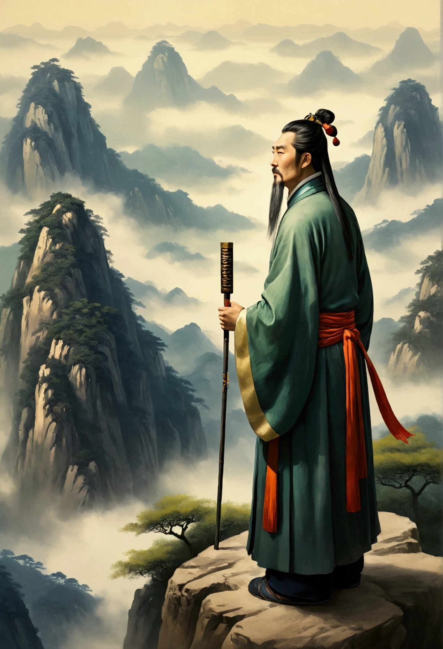 Chinese men, Zhuge Liang stood on the top of the mountain and looked at it from afar, with a solemn expression. Ancient painting style