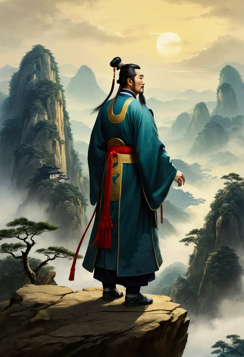 Chinese men, Zhuge Liang stood on the top of the mountain and looked at it from afar, with a solemn expression. Ancient painting style
