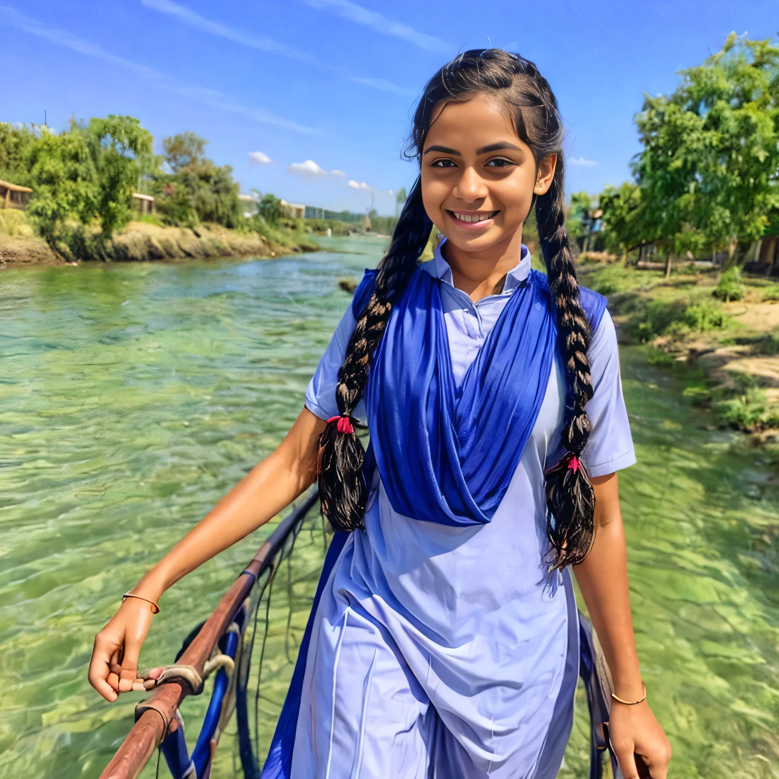 (masterpiece, 8k, best quality:1.2), in the river, outdoor, 1girl, 20 yo school girl, big breast size , smile, looking at viewer, salwar kameez uniform, wet clothes, soaked, wet hair, wet skin, translucent, glistening with oil, drenched, bright sunshine, soaked heavy clothes, playful, black braided hair, short bob