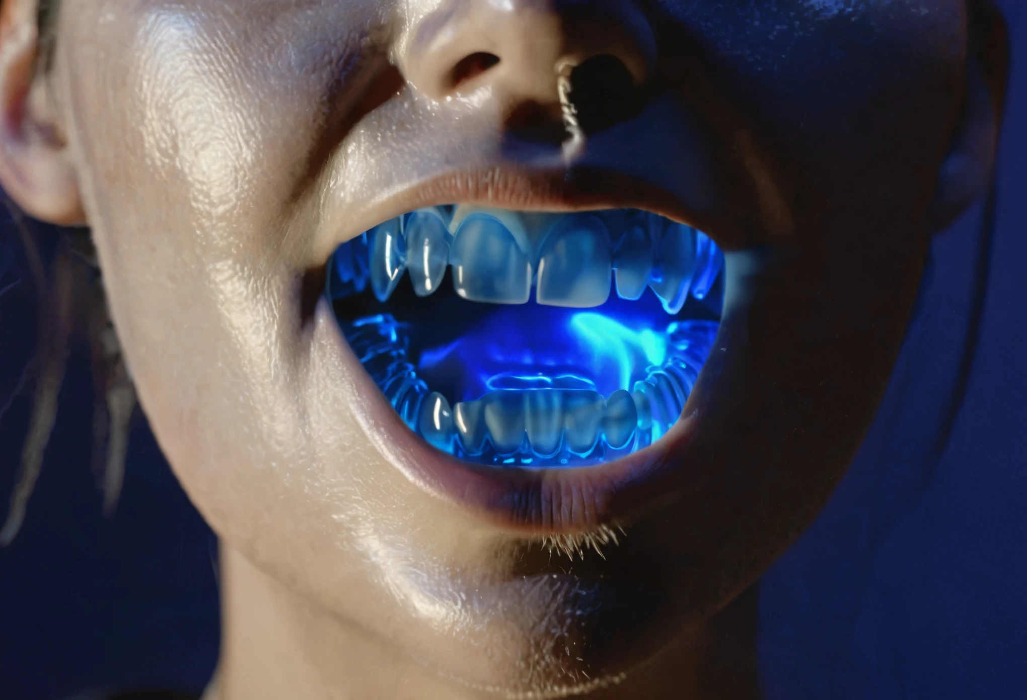 (hyperrealistic photo:1.5) realistic photo, a transparent teeth made of blue plastic, (transparent blue teeth:1.5), ((blue gums exposed:1.5), ((gums made of transparent blue plastic:1.5)), (exposed gums), edgy photo, ((blue light comes from inside of the mouth:1.5)), (blue light), imperfect teeth