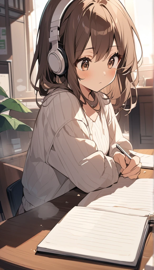 Cute brown-haired girl wearing headphones、Studying with a notebook open in an old coffee shop。There is coffee on the desk、Steamy。The desk is messy、The angle allows you to see the entire desk.