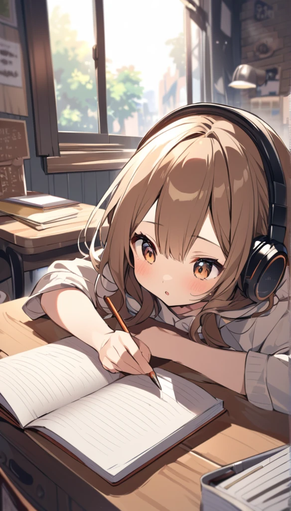 Cute brown-haired girl wearing headphones、Studying with a notebook open in an old coffee shop。There is coffee on the desk、Steamy。The desk is messy、The angle allows you to see the entire desk.