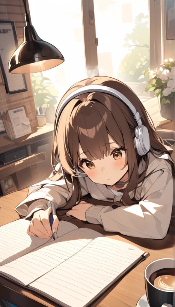 Cute brown-haired girl wearing headphones、Studying with a notebook open in an old coffee shop。There is coffee on the desk、Steamy。The desk is messy、The angle allows you to see the entire desk.