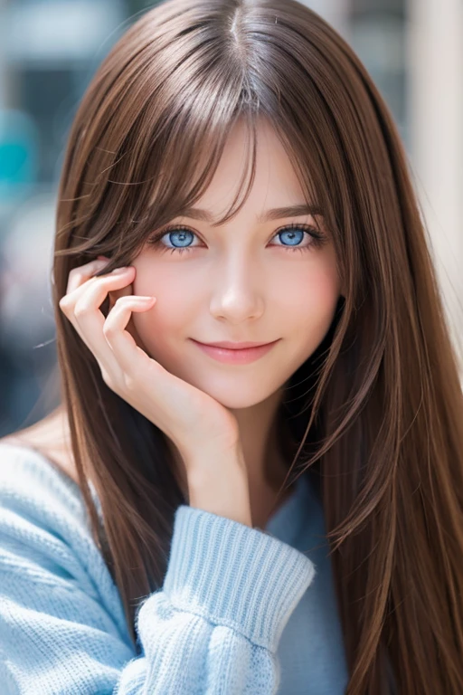 1girl, solo, long_hair, smile, blue_eyes, brown_hair, photoshop_(medium), photo_(medium), hands_on_own_face, real_life, hands_on_own_cheeks