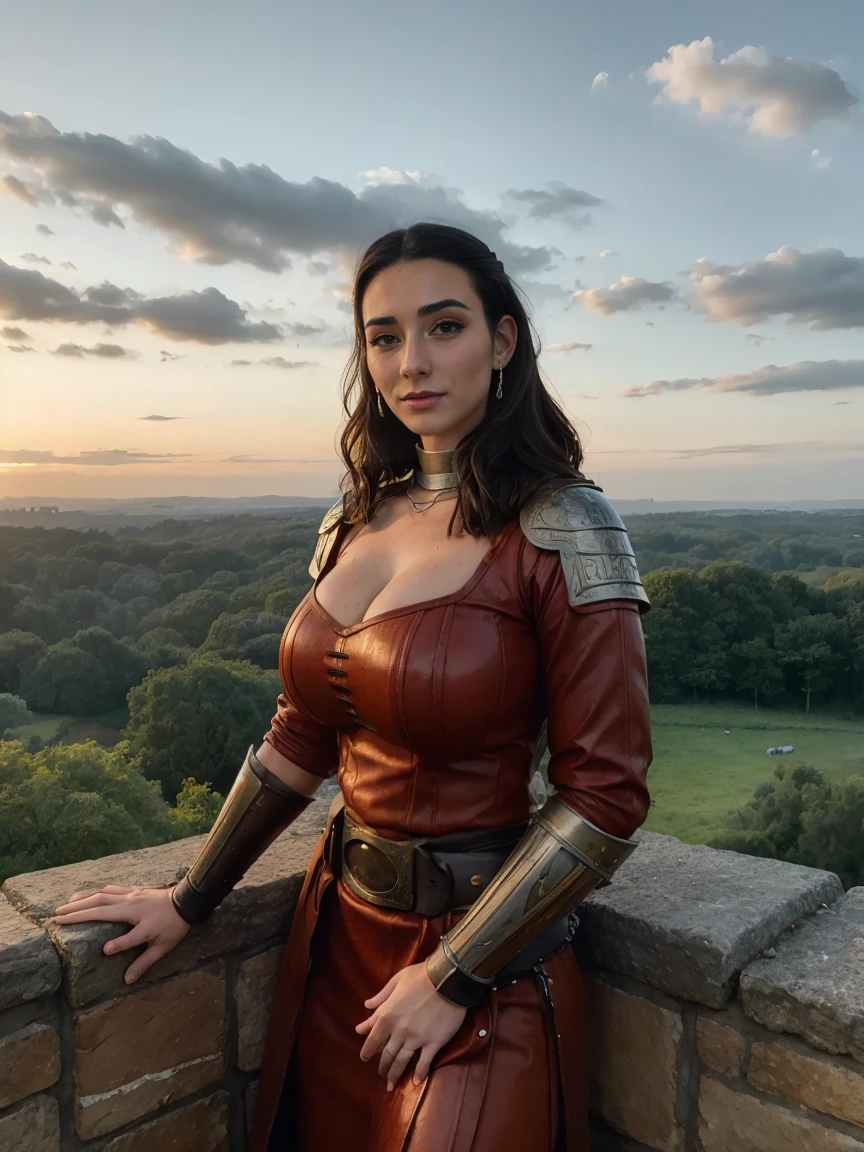 Gorgeous and sultry busty athletic (thin) brunette queen with sharp facial features wearing a modest updo, ceremonial armor, dark red medieval armor, long sleeves, intricate patterns, filigree, gauntlets, pauldrons, breastplate, crown, silver belt, (waist chain), medieval jewelry, Middle Ages, castle, rampart, wall, exterior, on top of a castle wall, trees, countryside, evening, sunset.