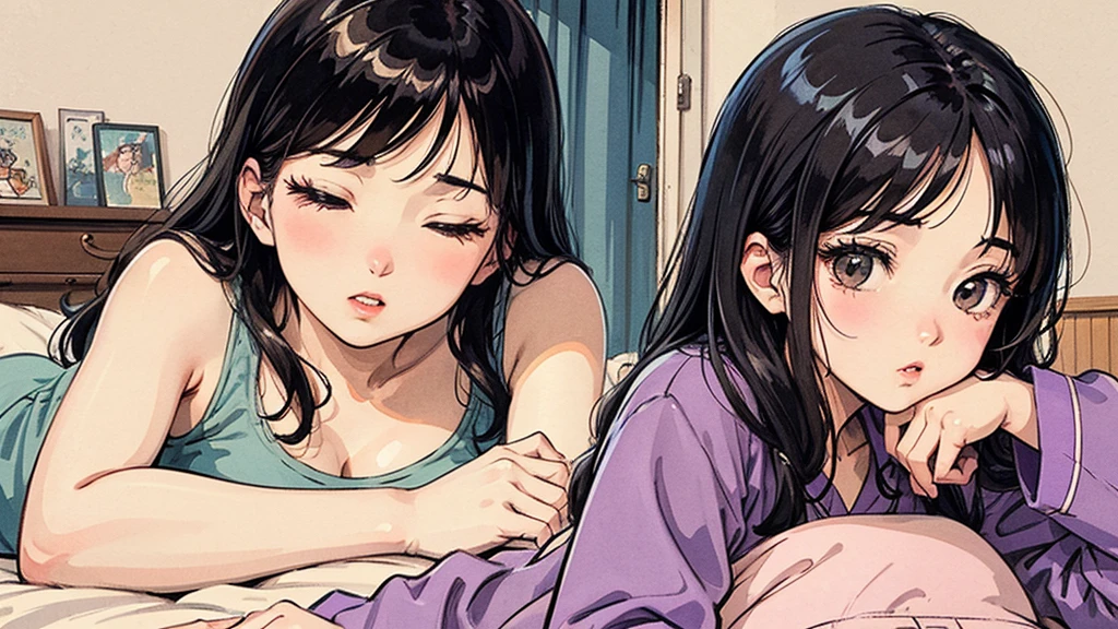 1 girl, 80年代アニメstyle, ,coffee, Retro, Lo-Fi(Highest quality:0.8)、(Highest quality:0.8)、Super detailed、Analog illustration、Koto Tsumi \(style\)、masterpiece、Highest quality、night、Close-up portrait of a woman、1990、Comic Strip、Art illustration、Retroポップ、Black Hair、Long eyelashes、Purple pajamas、Are sleeping、Lie down in the room、On the bed、On the futon