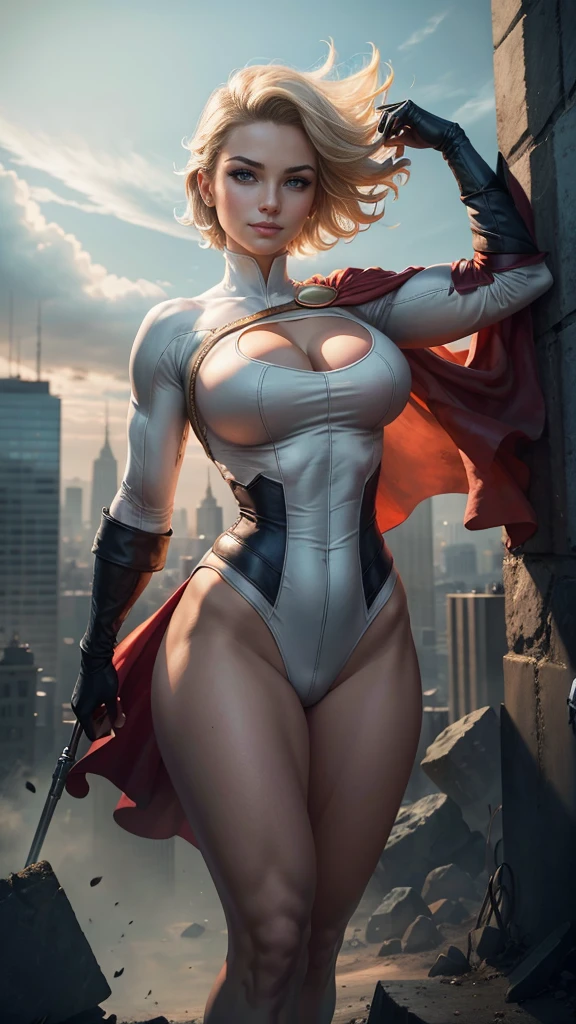 Power Girl da DC Comics,(best qualityer,4K,8k,high resolution,work of art:1.2)(weather: windy),battle ruins,Gotham,short hair,ultra detailed,realisitic,portraite,beautiful detailed blue eyes,beautiful detailed lips,torn clothes,extremely detailed eye and face, long eyelashes,sexly,average,large breasts,cleavage,flying hair,gloves,beaming smile,powerful girl in a battle,combat pose,stunning curves,bright coloured,dramatic lighting,battle background,composition,red cape,