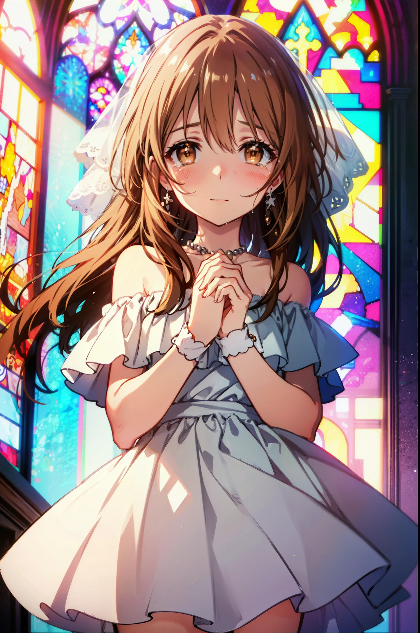 a sun ayuuki, a sun a yuuki, Long Hair, Brown Hair, (Brown eyes:1.8),smile,blush,Off-the-shoulder wedding dresses,necklace,wedding long skirt,Holding a bouquet in both hands,Clear skies,Tears stream down her face,Tears of joy,I cry a lot,Flower storm,whole bodyがイラストに入るように,background(Stained glass)
break indoors, Chapel,教会
break looking at viewer, whole body,(Cowboy Shot:1.5),
break (masterpiece:1.2), Highest quality, High resolution, unity 8k wallpaper, (figure:0.8), (Beautiful attention to detail:1.6), Highly detailed face, Perfect lighting, Highly detailed CG, (Perfect hands, Perfect Anatomy),