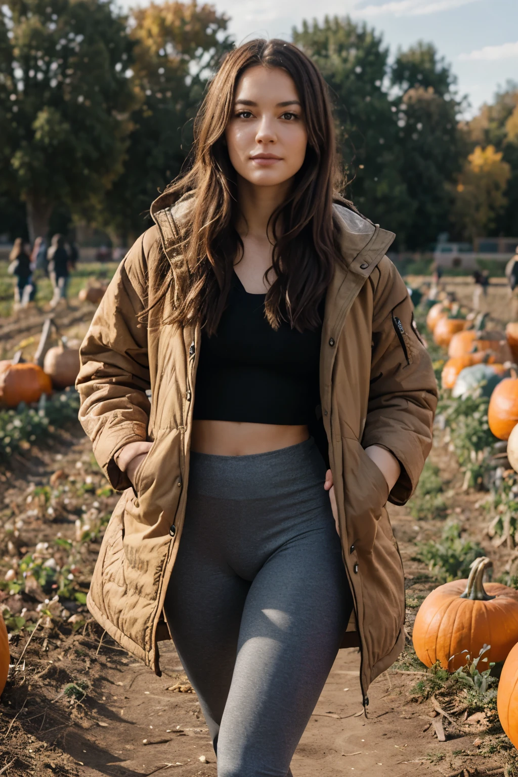 Generate a realistic, human-captured image of a person wearing a quilted jacket and leggings in a pumpkin patch.