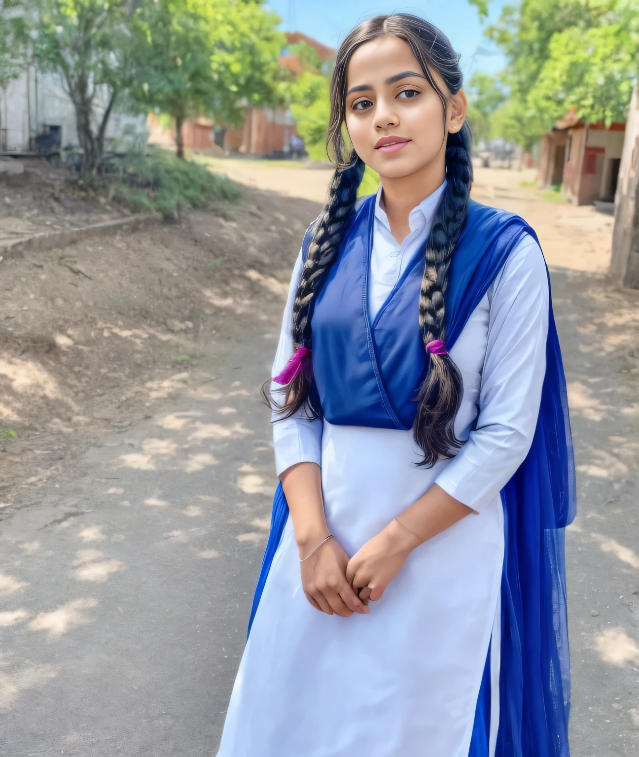 Raw photo , 1 girl  ,Wearing  salwar kameez uniform, teen school girl, with plait , professional photographer, (hdr:1.4), masterpiece, ultra-realistic 8k, perfect artwork, intrincate details, cute face, award winning photograph, (Best quality, 8k, 32k, Masterpiece, UHD:1.3) 