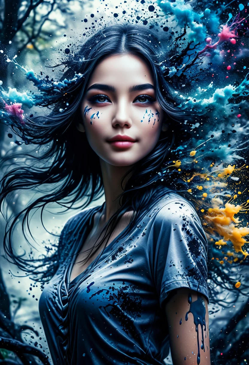 (((In dark fantasy ink splatter art:1.3))), Beautiful happy smiling girlfriend , Mesmerizingly beautiful scenery appears, Chaotic black strokes ink splatter, Intricate details blend into the world of the ethereal forest, Otherworldly creatures, insanely beautifu, Gongbi, Every stroke exudes a charming feeling, extraordinary creation, Whether it is ink painting or oil painting, Master stunning details, pure brilliance, Creepy atmosphere ink splatter coating, full body