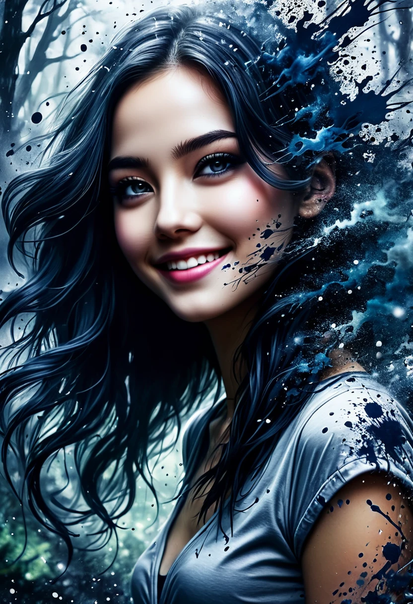 (((In dark fantasy ink splatter art:1.3))), Beautiful happy smiling girlfriend , Mesmerizingly beautiful scenery appears, Chaotic black strokes ink splatter, Intricate details blend into the world of the ethereal forest, Otherworldly creatures, insanely beautifu, Gongbi, Every stroke exudes a charming feeling, extraordinary creation, Whether it is ink painting or oil painting, Master stunning details, pure brilliance, Creepy atmosphere ink splatter coating, full body