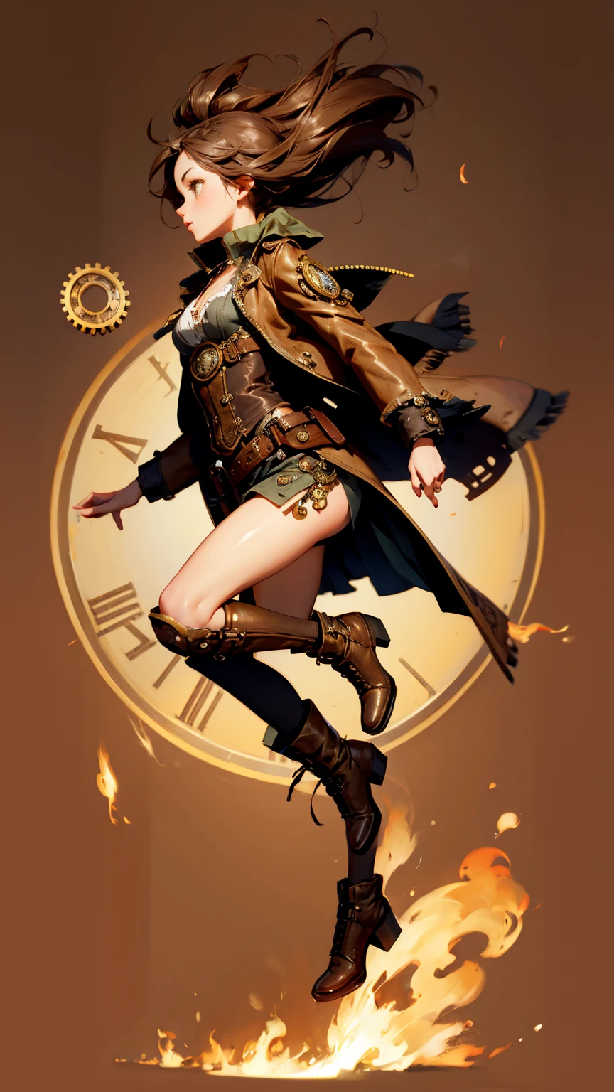 A cute steampunk girl running from left side, full body, plan brown background
