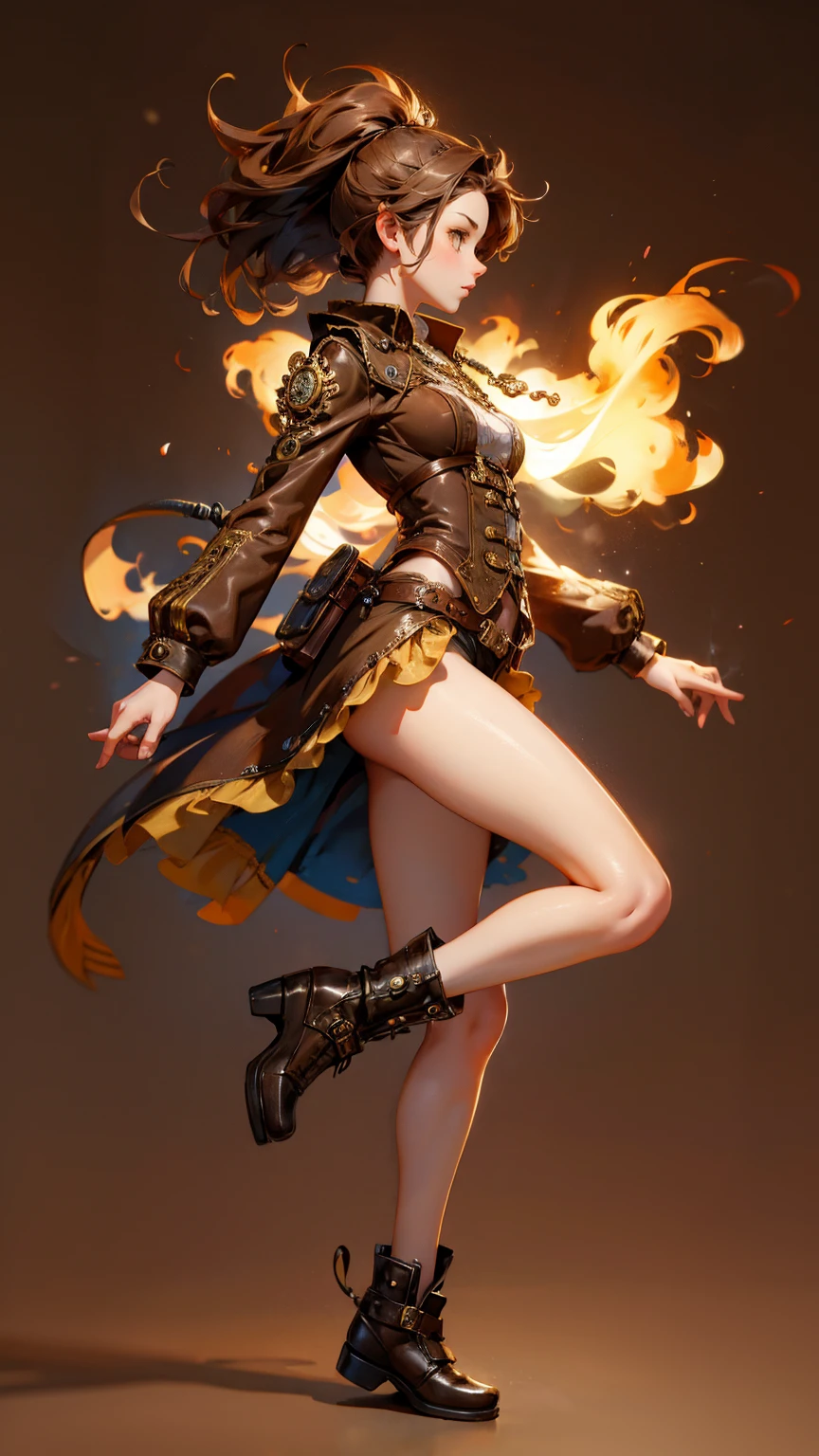 A cute steampunk girl running from left side, full body, plan  brown background