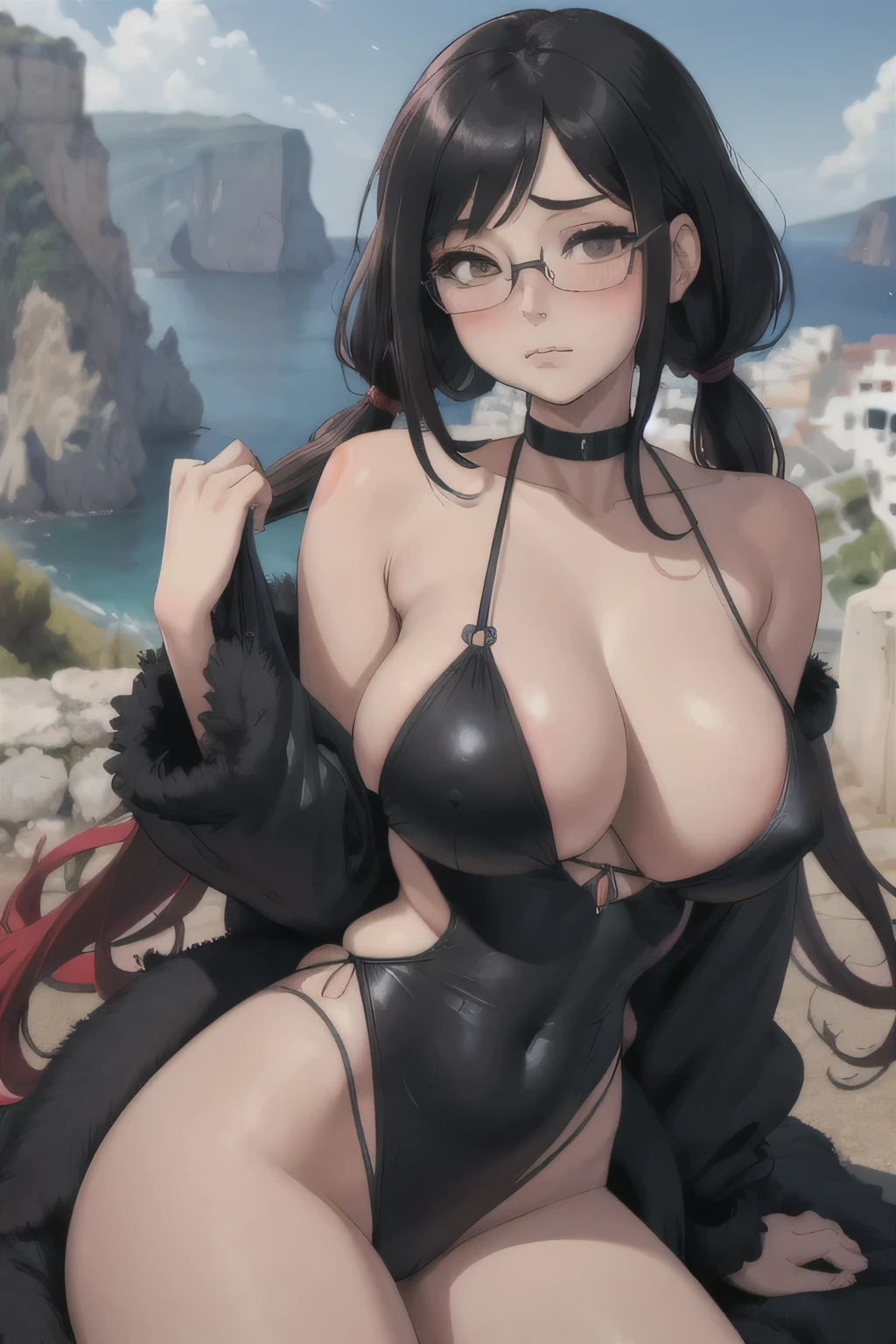 (masterpiece, Best Quality:1.2), Alone, 1 girl, my kisaragi, expressionless, Closed mouth, looking at the viewer, two pigtails in her hair, black fur, Glasses, seductive, sexy, landscape greece, bikini red sexy sexy, big breasts, huge tits, sexy dress, blushing, large eyes, gray eyes
