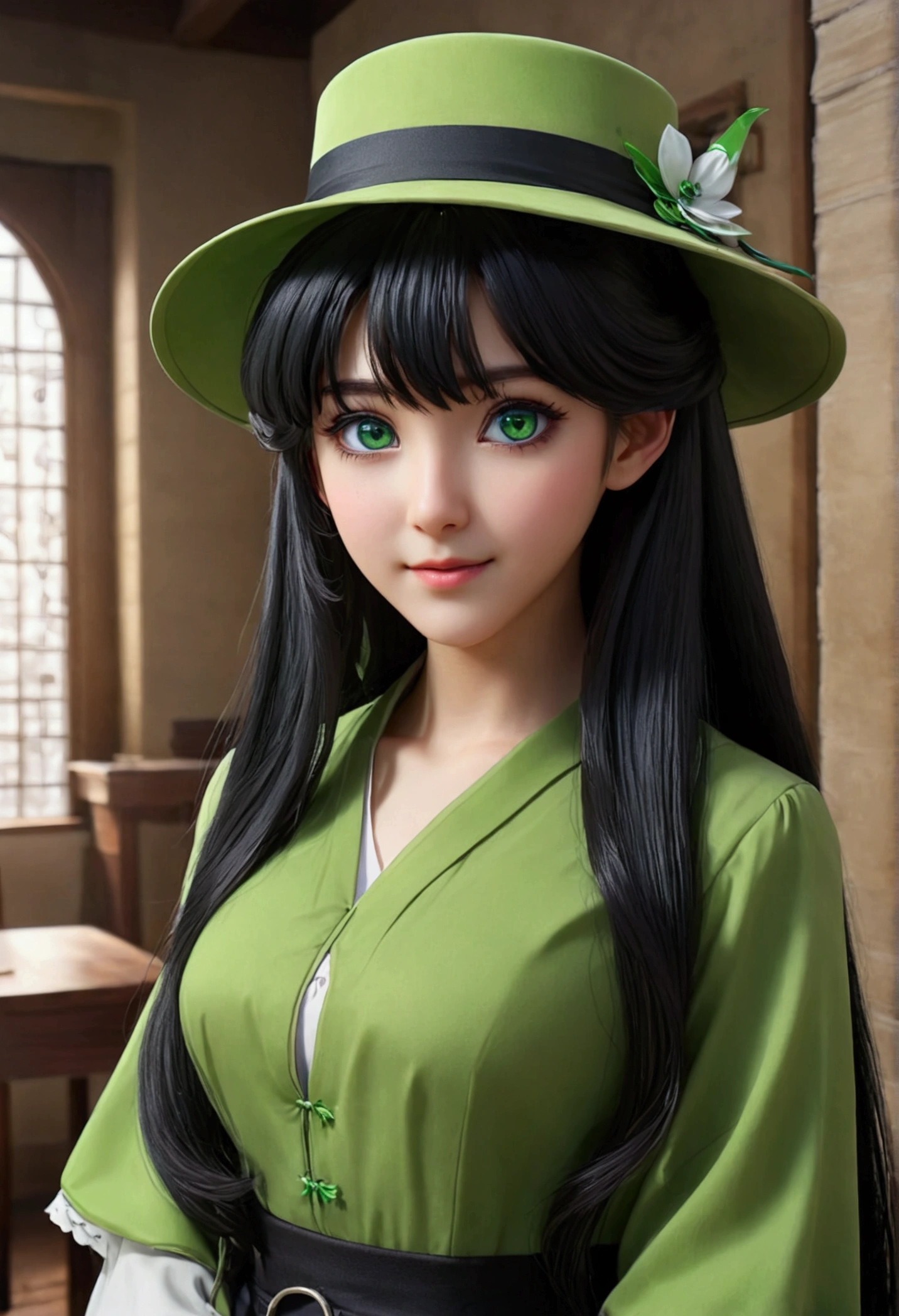A girl daughter of severus snape ,with long black hair, striking green eyes, and a warm smile, cosplaying as Tomoyo Daidouji from CLAMP with a hat, masterpiece, best quality, 4k, 8k, ultra-detailed, realistic, photorealistic, physically-based rendering, vivid colors, studio lighting, sharp focus, professional portrait, cowboy shot