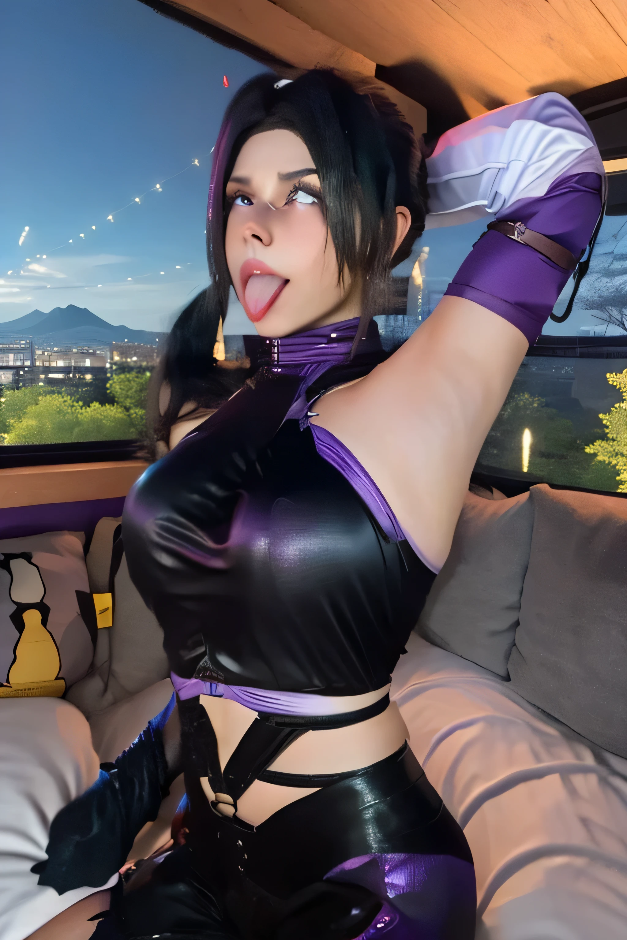 1 girl, standing, beautiful Nina,18 years old, Cups, Black thighs, arm warmers, , shorts, black hair, big chest, big ass, medium breasts,capture anime screen, 18 years old, mature appearance,armpits,sweat,sweaty,sweaty armpits,arms up,showing armpits,awesome armpits,purple black outfit, purple arm warmers, purple arm bands, arm warmers