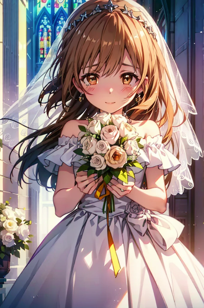 a sun ayuuki, a sun a yuuki, Long Hair, Brown Hair, (Brown eyes:1.8),smile,blush,Off-the-shoulder wedding dresses,necklace,wedding long skirt,Holding a bouquet in both hands,Clear skies,Tears stream down her face,Tears of joy,I cry a lot,Flower storm,whole bodyがイラストに入るように,background(Stained glass)
break indoors, Chapel,教会
break looking at viewer, whole body,(Cowboy Shot:1.5),
break (masterpiece:1.2), Highest quality, High resolution, unity 8k wallpaper, (figure:0.8), (Beautiful attention to detail:1.6), Highly detailed face, Perfect lighting, Highly detailed CG, (Perfect hands, Perfect Anatomy),