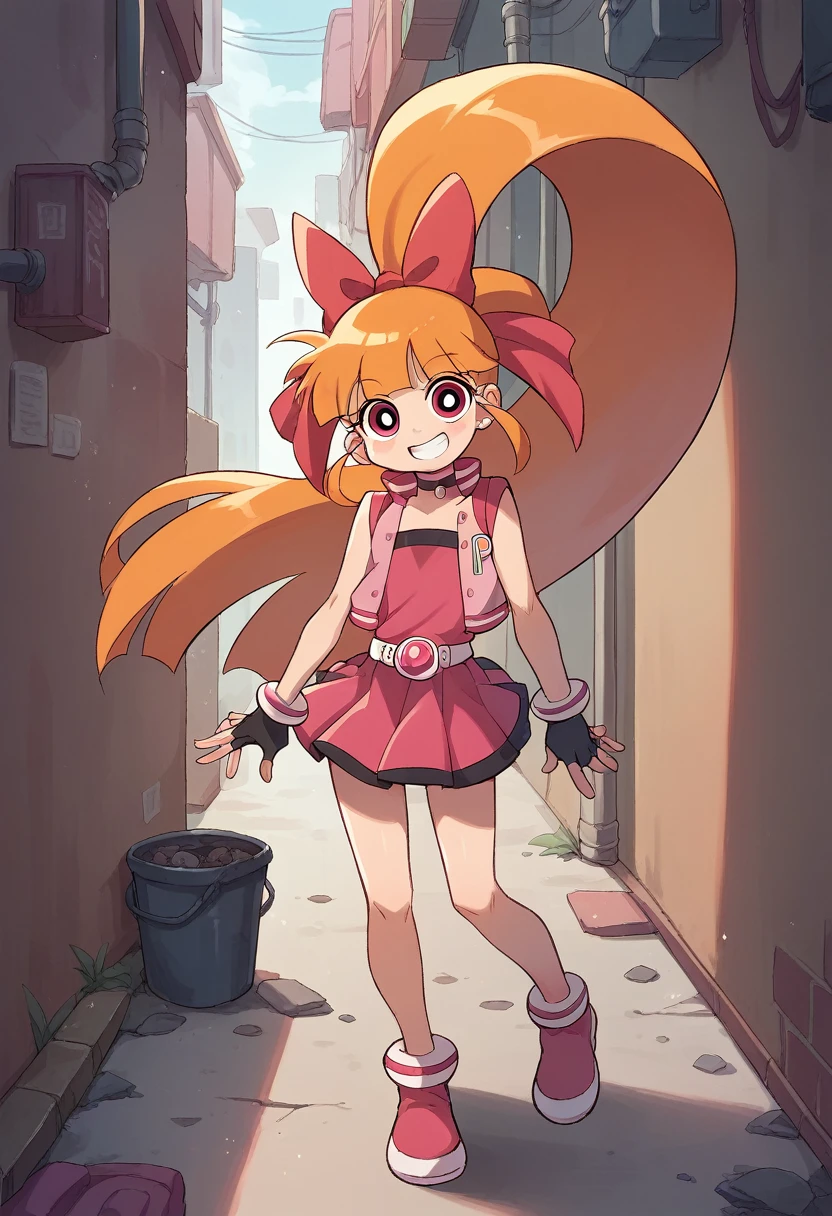 akazutsumi_momoko, standing, looking at viewer, smile, blck fingerless gloves, pink vest, pink skirt, pink shoes, orange hair, long hair, ribbon, alley