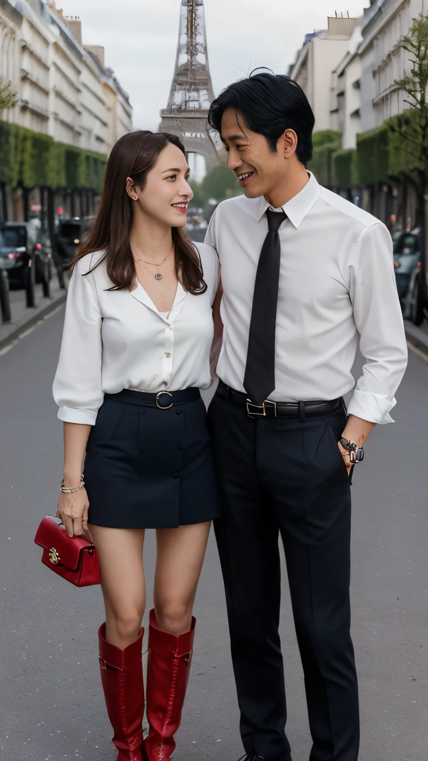 Front view, Full-body, couple is standing pose , on street , in Paris, (looking Eiffel Tower on Paris) ,2020 years ,(1 male and 1 female is existence), (1 male Japanese man, 1 boy is 50 age old), (black hair, brave, handsome face, smile ), (Japanese gentleman), ( Navy blue suit style, Jacket suit , vest, necktie, pants, hand watch, (brown shoes)), 1man and 1 woman is couple, each other love, (A White girl , French white girl , Parisian girl, 18 years-old), (light brown hair , blew eye, middle hair, smile ), (middle breasts, slender whist, middle hip), (White beautiful tuck-in-blouse :1.3), (Red mini skirt: 1.3), (Red enamel Chanel Boots), (small pearl neckless, lady's watch ), (a Chanel shoulder bag, leaser string), (super detail, high details, high quality, accurate, anatomically correct, textured skin, beautiful fingers super detail, high details, high quality, best quality),