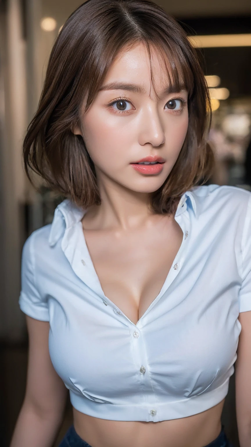 ((Highest quality, 8k, masterpiece :1.3)), Sharp focus :1.2, Beautiful woman with perfect figure :1.4, Slim Abs :1.2, ((Dark brown hair, Big Breasts :1.2)), (White button-up long shirt :1.1), City Street:1.2, Highly detailed face and skin texture, fine grain, double eyelid
