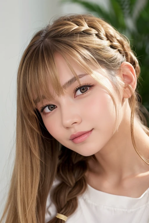 1girl, solo, long_hair, blush, looking_at_viewer, smile, bangs, blonde_hair, eyebrows_visible_through_hair, long_sleeves, original, brown_eyes, collarbone, ponytail, braid, sidelocks, parted_lips, lips, eyelashes, close-up, portrait, head_rest, hands_on_own_face