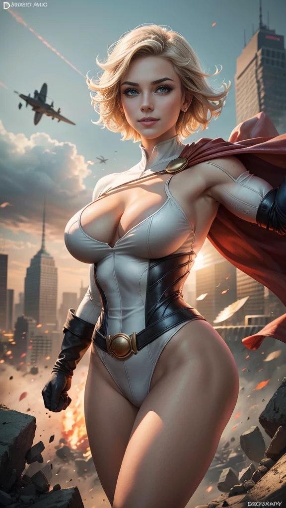 Power Girl da DC Comics,(best qualityer,4K,8k,high resolution,work of art:1.2)(weather: windy),battle ruins,Gotham,short hair,ultra detailed,realisitic,portraite,beautiful detailed blue eyes,beautiful detailed lips,torn clothes,extremely detailed eye and face, long eyelashes,sexly,average,large breasts,cleavage,flying hair,gloves,beaming smile,powerful girl in a battle,combat pose,stunning curves,bright coloured,dramatic lighting,battle background,composition,red cape,