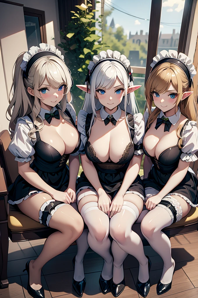 group of 4 elves and dark elves, small breasts, maids, civtorian estate, castle,