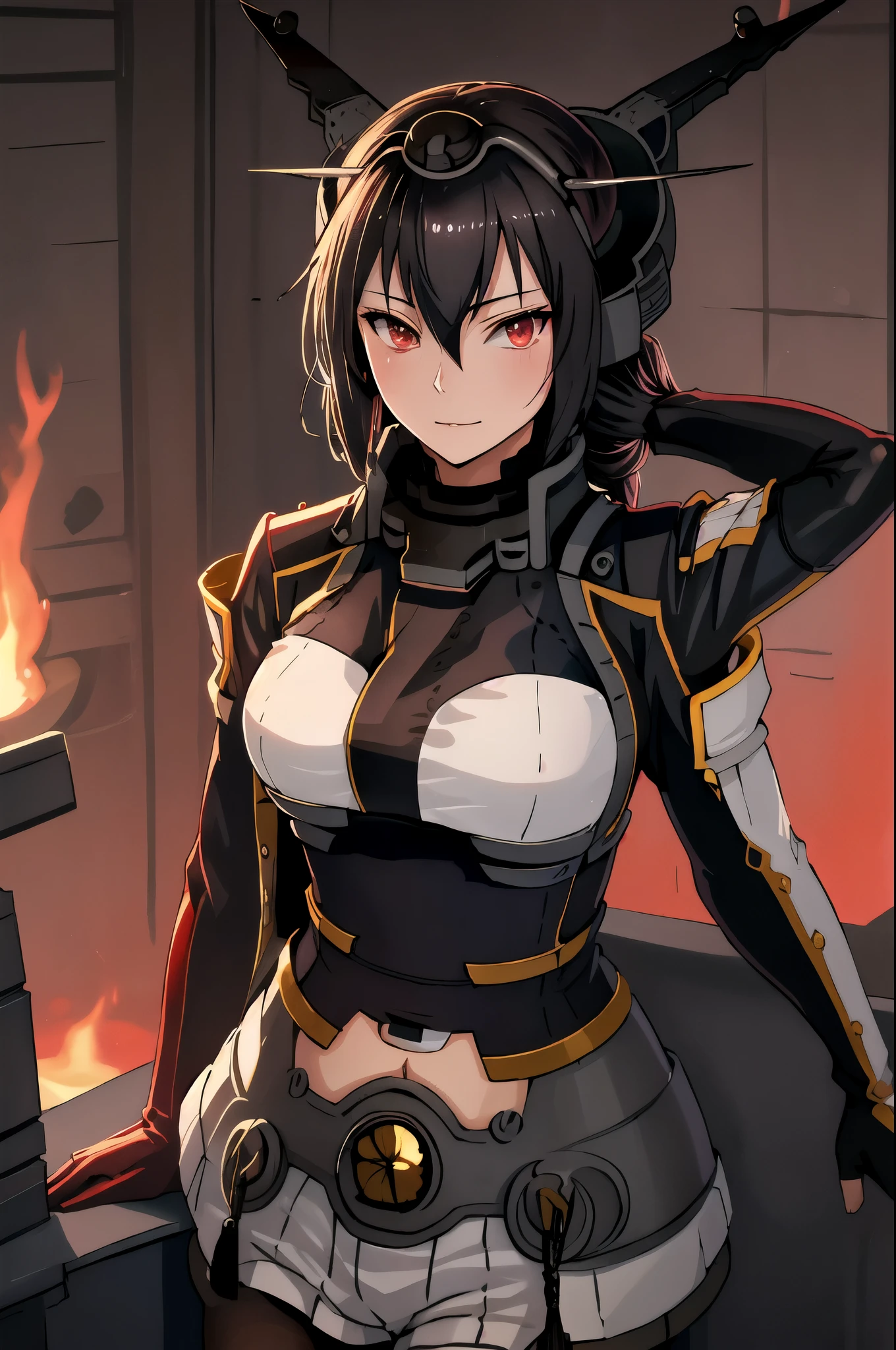 Highest quality, masterpiece, High resolution, alone, {Nagato_Fleet Collection:1.15}, black_hair, length_hair, red_eye, chest, hair_between_eye, headgear, big_chest, 