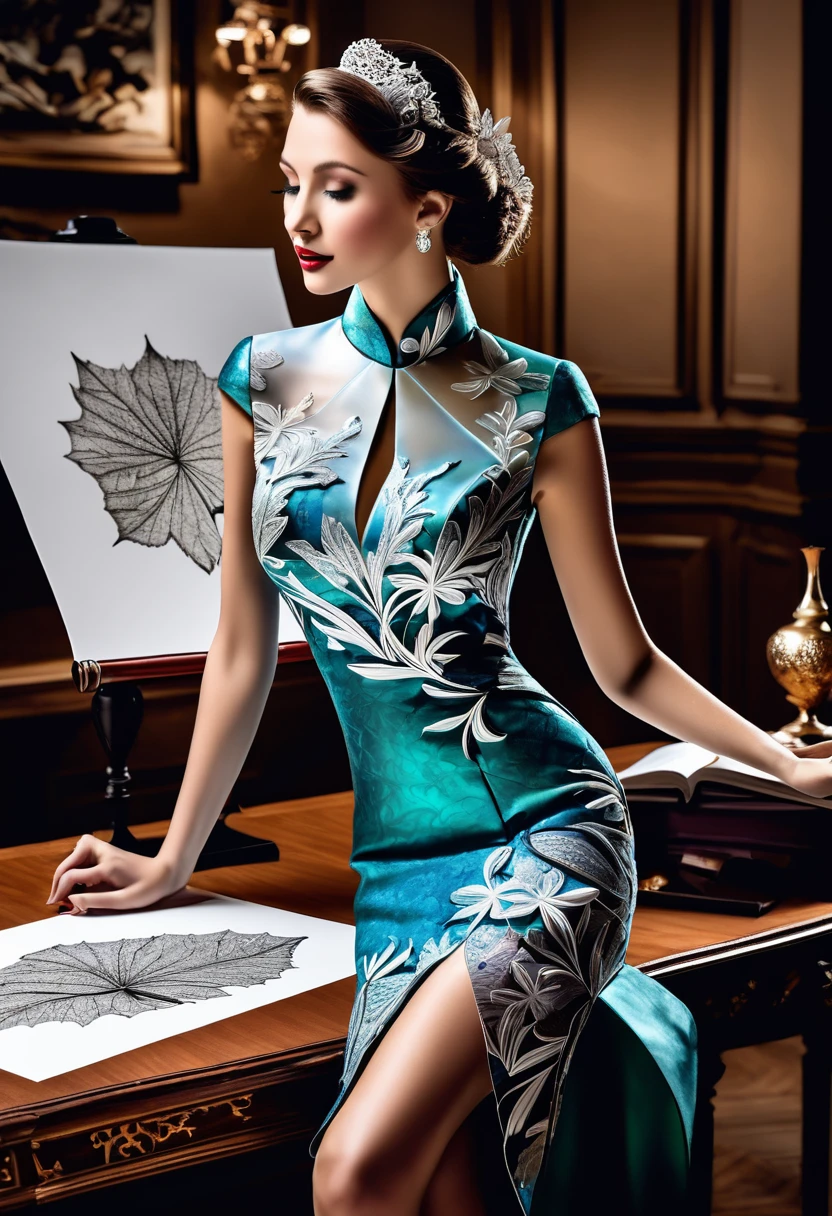 Sur une grande feuille de papier posée sur un bureau, Dessiner une figurine 4D de style encre uhd époustouflante et à couper le souffle, (mélange de l’art origami et de l’art de la découpe du papier), portant une sublime Cheongsam dress très détaillé en dentelle fractal, effet holographique qui semble sortir de la feuille de dessin, dessin extrêmement détaillé, hyperréaliste, Des détails sublimes. Un travail vraiment remarquable, travail joyeux et sensuel, (sublime poitrine effet push-up qui semble sortir de la feuille de dessin, effet 3d époustouflant), ((proportions parfaites, masterpiece, hyperRéaliste, masterpiece, superior quality, high resolution, Extremely detailed, highly detailed 8K wallpaper, détails fractales))