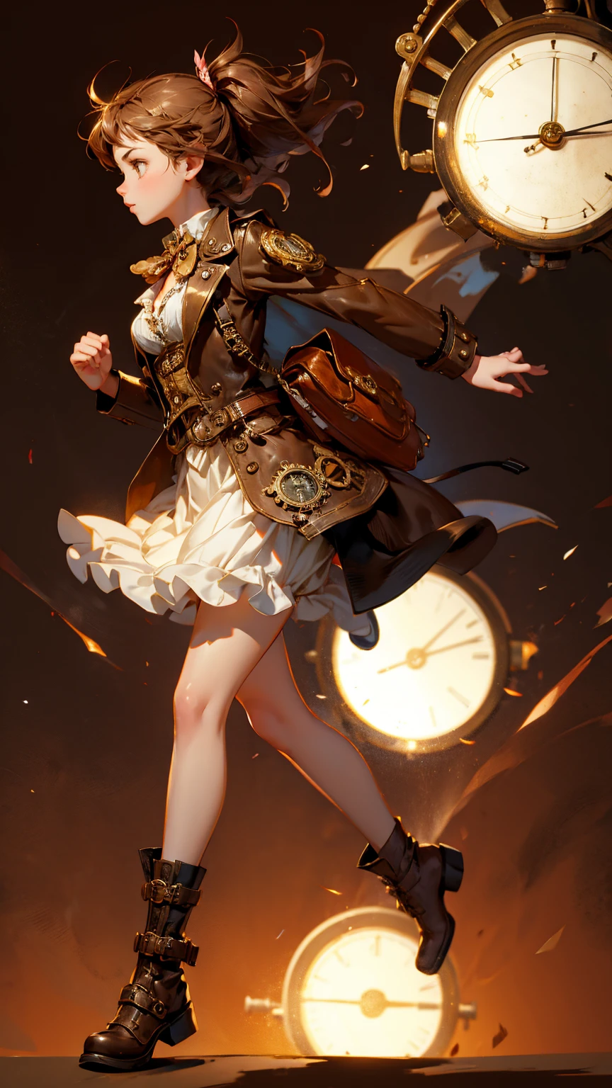 A cute steampunk girl running from left side, full body, brown background