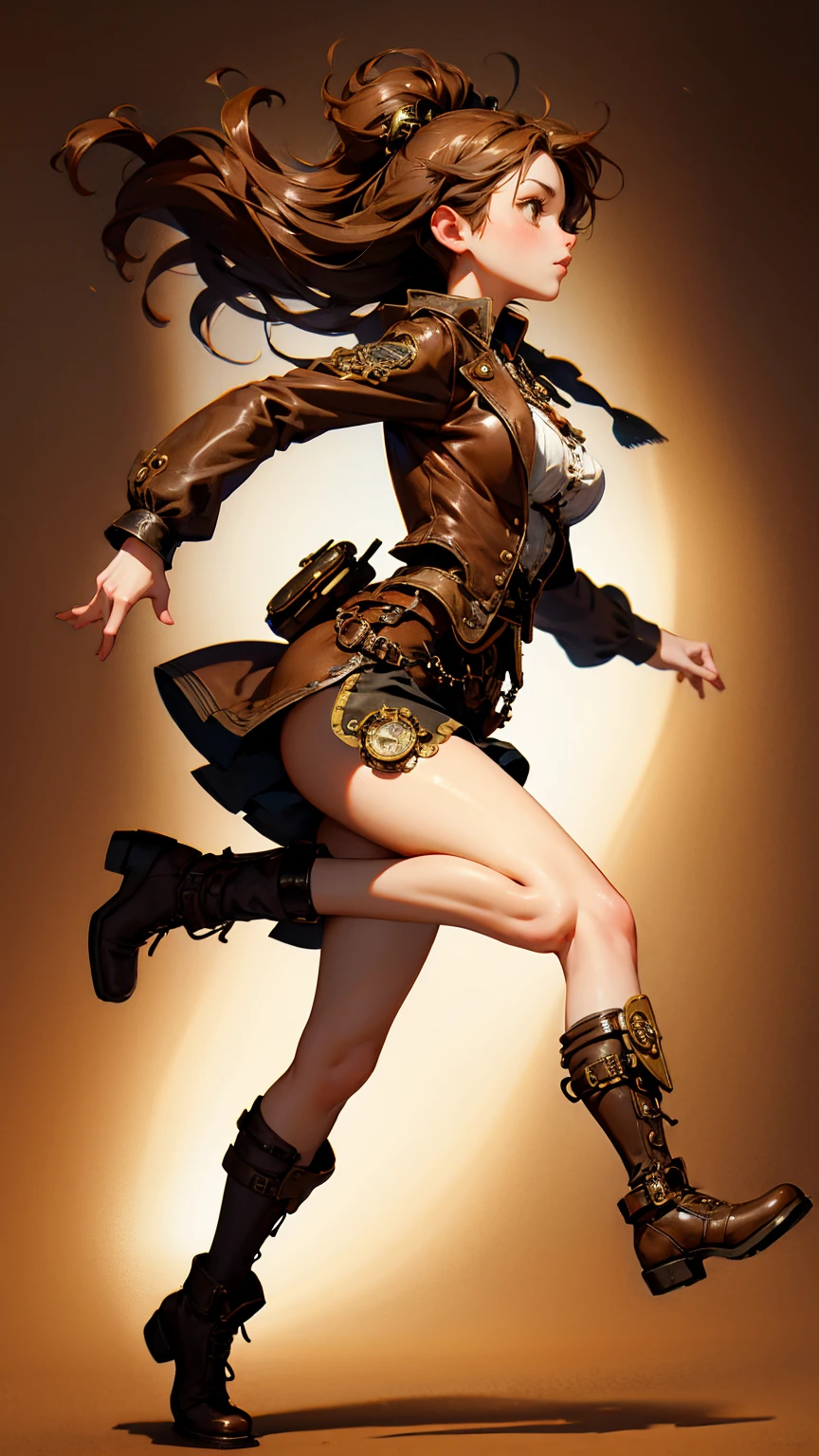 A cute steampunk girl running from left side, full body, brown background