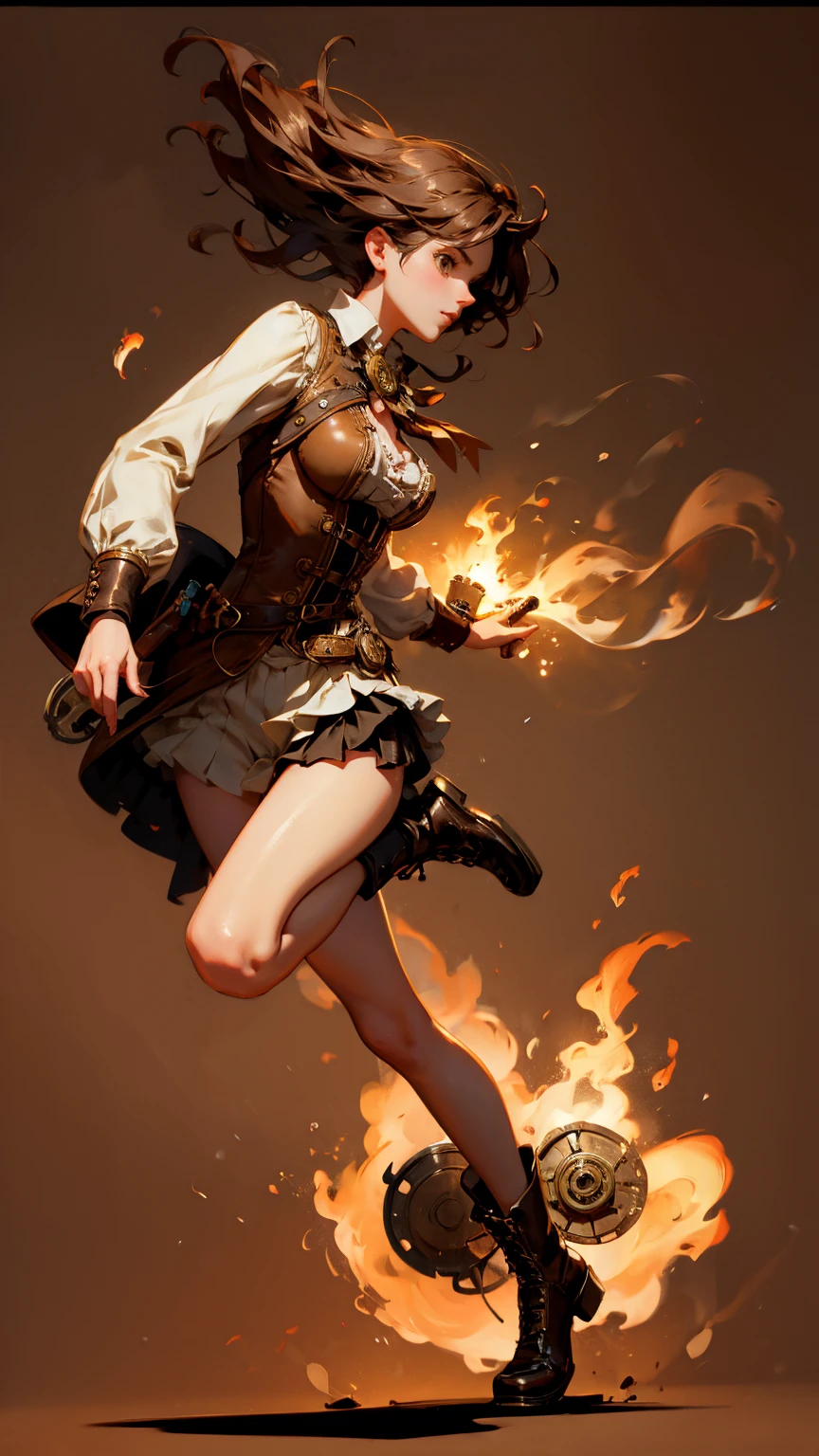 A cute steampunk girl running from left side, full body, brown background