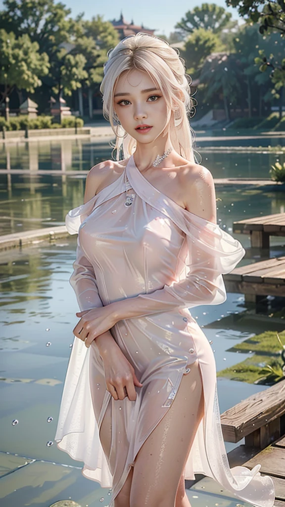(highest quality、4K、masterpiece:1.3)、Beautiful woman、1 girl、sexly:1.1、Wet golden white hair:1.1、highly detailed face、lip details、detailed eye、double eyelid、(Pink nipples are transparent）、(Translucent off-shoulder wet white dress)、(she is wet)、(Woman in a lakeside park)