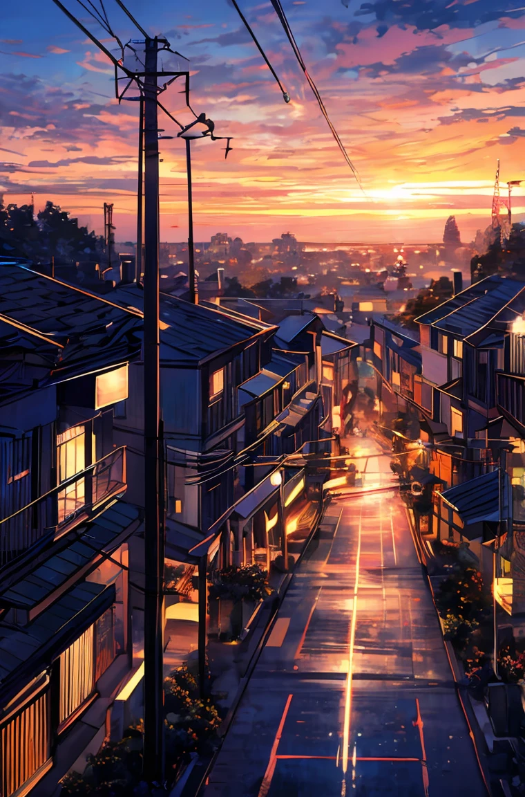 masterpiece, Concept Art, Painting of (Electric pole:1.5) On the street at dusk, Painting, Sylvain Sarail, anime高果糖, telephone wires, GTA Art, Cloudy sunset, beautiful iwakura, Toon Aesthetics, colorful house, Connection line, animeのスクリーンショット, art ", Muffled colors, only, 2077, " anime, bright: