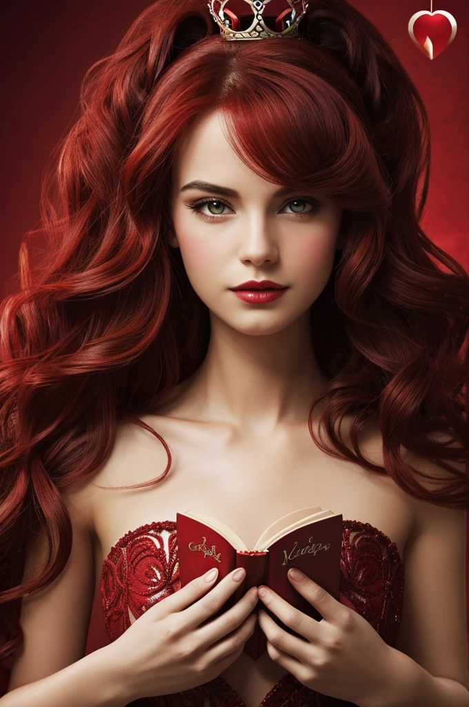 Create me a book cover with the title "heartbeats" that has a heart in the center and that is the red queen style 