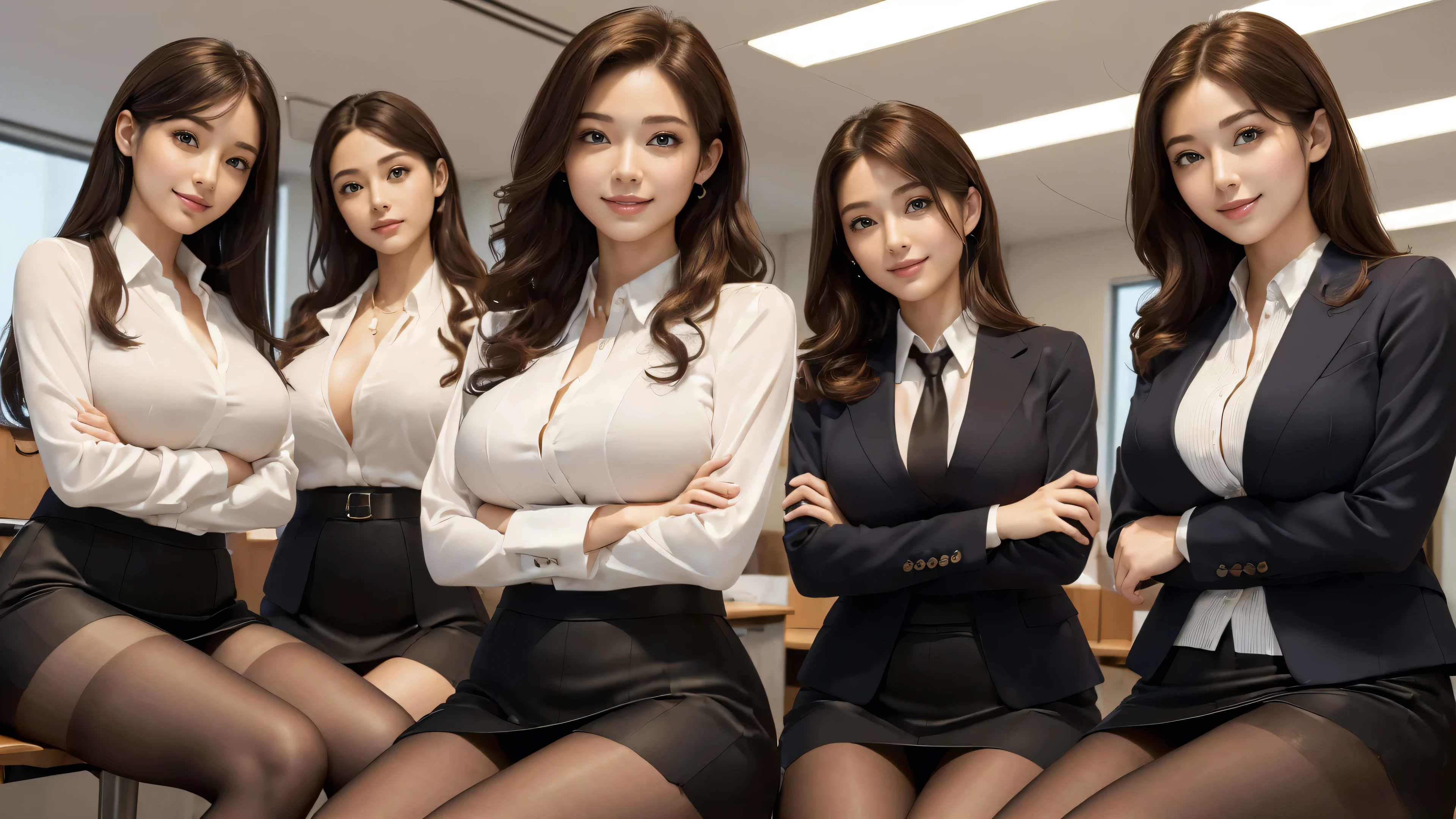 (best quality, masterpiece:1.5), (ultra-detailed, realistic:1.37),4K,(4woman:1.5),(smile:1.4),(4group photo),japanese,cute,beautiful,up curly hair,(big breast),(office suits),(silk tight skirt),blouse,(black pantyhose),beauty legs,(sexy pose:1.1),(crossed arms:1.2),(angle from below:1.2),(sitting:1.2),