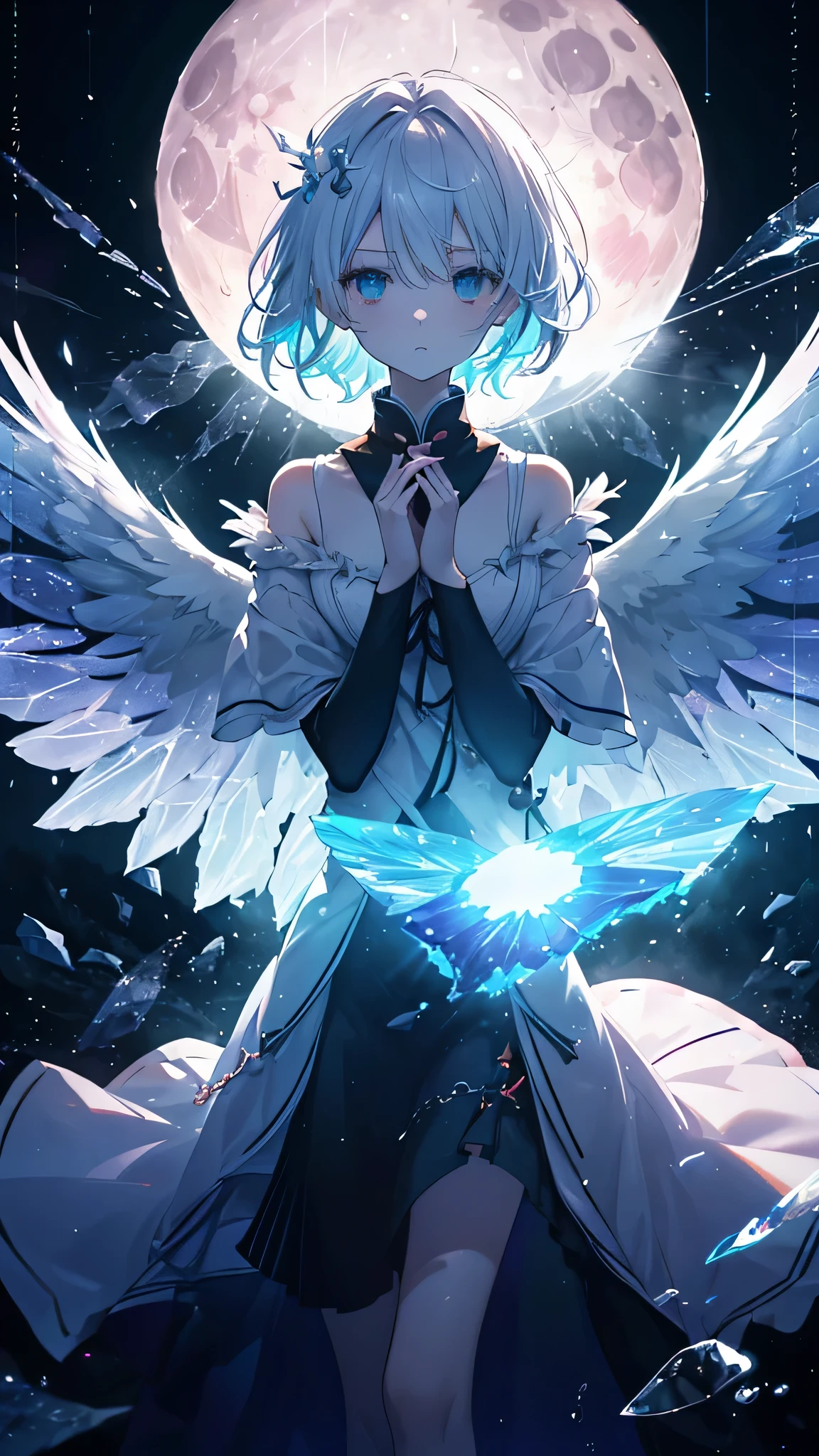 (Highest quality),(masterpiece),(Ultra-precision),,(Lens flare:1.0),(Movie Posters:1.0),(Tarot card of frame:1.0),(Close-up:1.0),(Negative Space:1.6); (Floating colorful {wind|waterofmagic|ink|crystallization|ice|fire|inflammation|lightning|Spider&#39;s Web|rock|sand|particle|shine|Blood}:1.0),(Many of colorful {Soap bubble|cloud|thorn|Sharp protrusions|Vine|flow|Spiral|Halation|wing|Tattoo|CUBE|octahedron}:1.0),(Floating {red|green|green|aqua|purple|yellow|black|white|grey|pink|orange|lime} of {ribbon|wing|particle|Blade|water drops|雪ofcrystallization|Soft sphere}:1.0),({crystallization|ice|fire|inflammation|wind|water|land|stone|universe|music|sound wave|vortex} of {magic|wing}:1.0), ({Ray Tracing,shine|Sunlight filtering through the trees,light,Caustics|night,blackof theme|mysterious,Creepy|easygoing,pastel colour}:1.2), ({colorful|Rainbow colors|multicoloured}:1.0),(Beautiful and detailed shine:1.0)(The towering pillar in the center)((There is a large full moon in the background.:1.5))