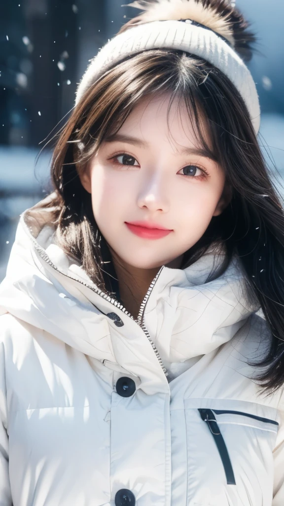 Wearing a white down jacket, Fair skin, 1 girl,Shut up and smile,Winters,23-year-old girl,high quality,Looking at the camera,For the audience,Snowing day,With bib,Real People,Beautiful and delicate girl, Very detailed eyes and face,Fine details,Unity,8k wallpaper,Real People,