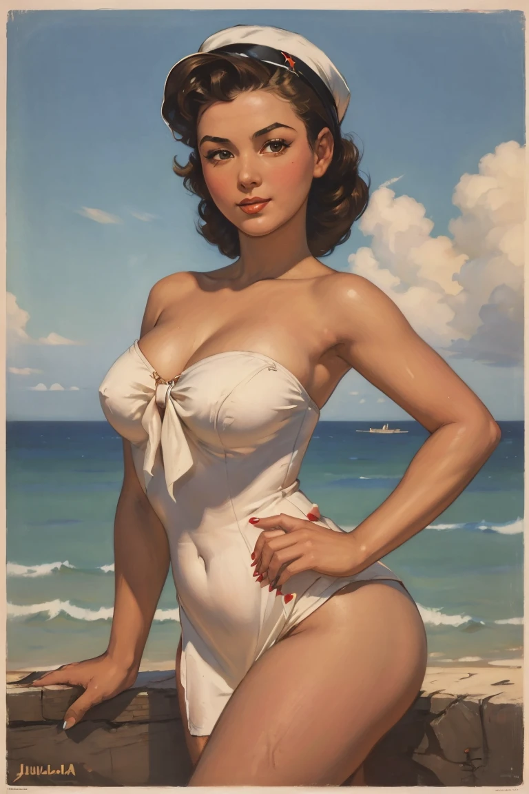 (best quality, masterpiece:1.2), Highly detailed pulp art of a single 1950s pinup girl posing, one girl, (jewish ethnicity:1.3), wearing a strapless bikini, 1950s US navy background, somewhere in the south pacific, detailed arm tattoos, detailed brush strokes, painted on canvas, pale crimson accent, push up blouse, low cut blouse, perfect face, wide hips, ultra detailed, high quality, by Gil Elvgren and Alberto Vargas and Frank Frazetta and nick alm